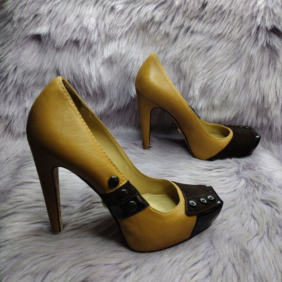 L.A.M.B. Leather Tuxedo Platform Pump Shoes Womens Size 6 Tan Brown Black - Picture 4 of 10